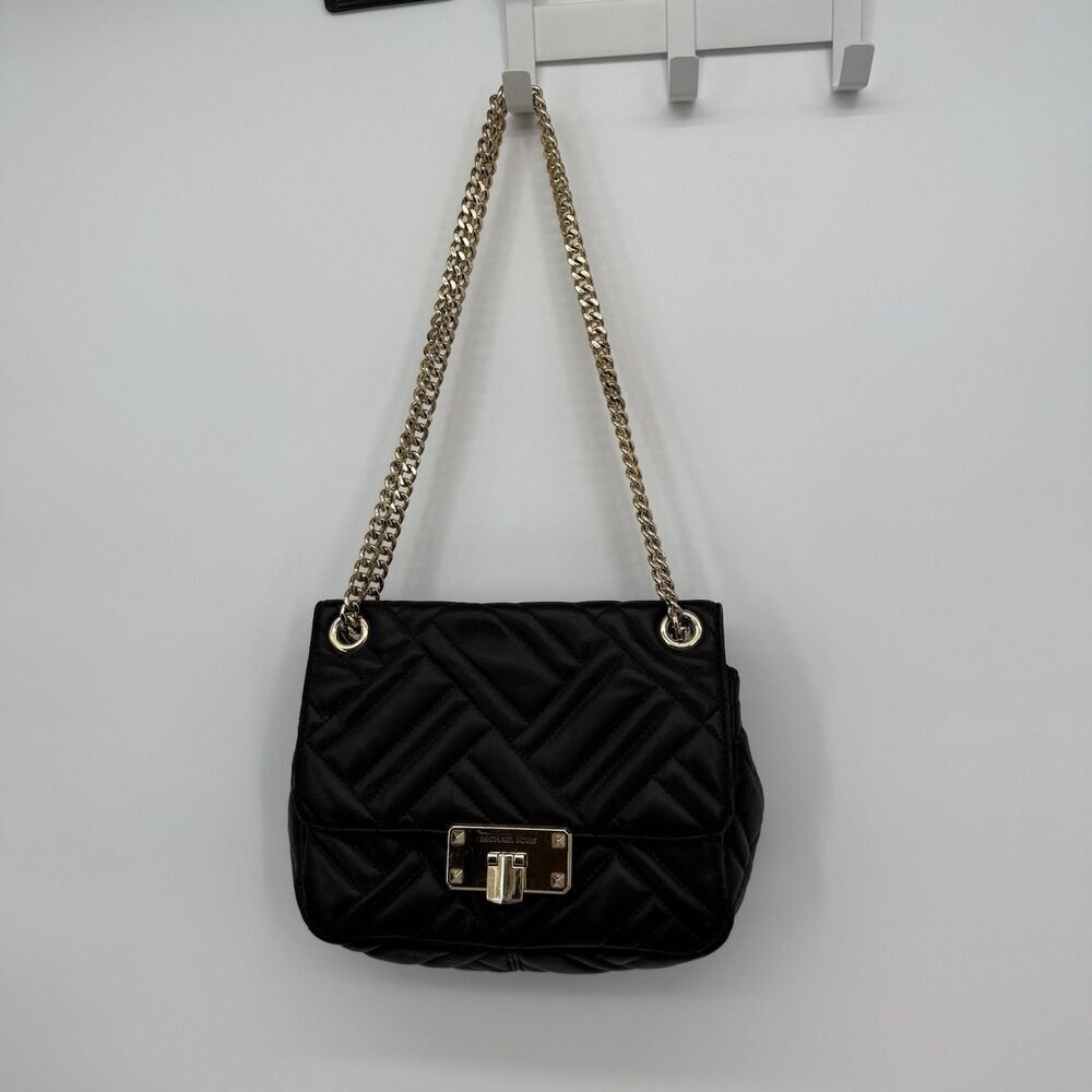 Michael Kors Peyton Medium Black Quilted Shoulder Bag Designer Gold